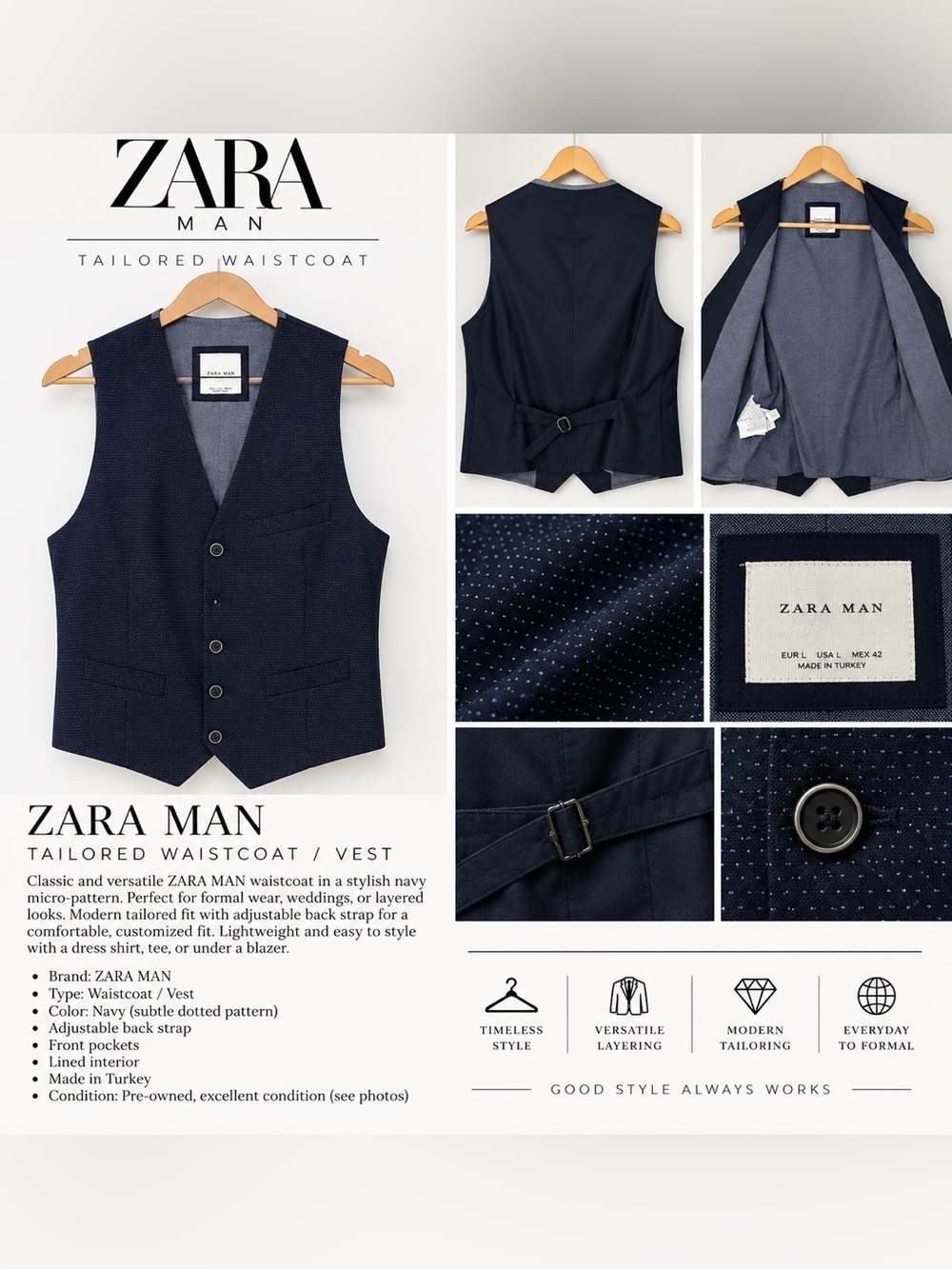 Zara Men's Navy Blue Sleeveless Vest - Tailored Back